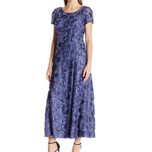 ALEX EVENINGS Womens Blue Short Sleeve Jewel Neck Maxi Formal Sheath Dress 16 - Picture 3 of 3